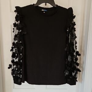 Alice Blue Black Blouse w/ Sheer Floral Embroidered Sleeves - Size Large